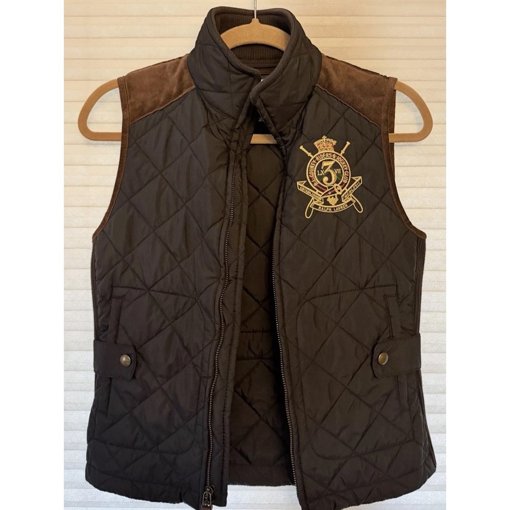 VTG Ralph Lauren Sport Black Label Vest Quilted Suede Patch Polo Womens S Preppy
